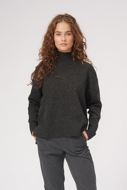Oversized Knitted Polo-Neck Jumper - Dark Grey Melange - TeeShoppen Group™ - Knitwear - TeeShoppen