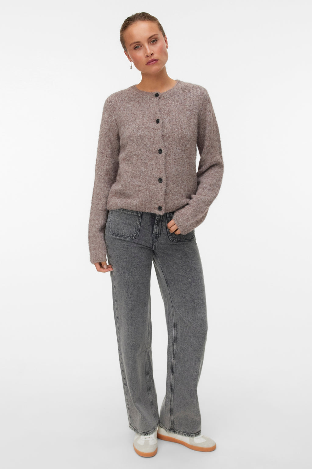 Novah O-Neck Button Cardi – Brown Lentil Melange