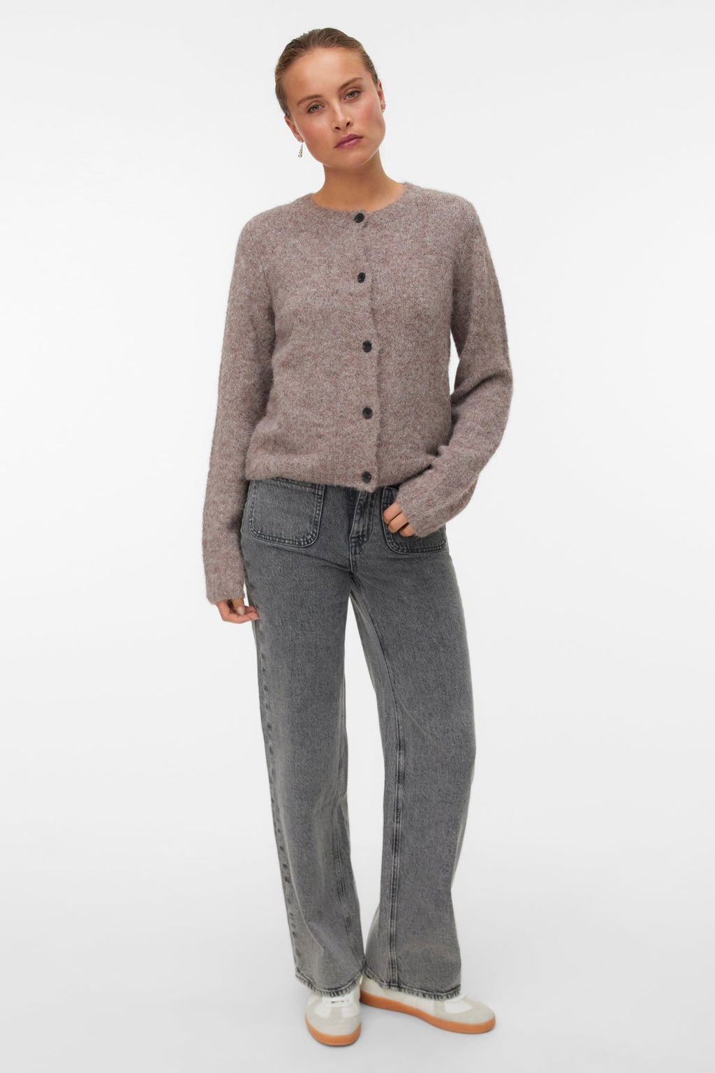 Novah O-Neck Button Cardi – Brown Lentil Melange