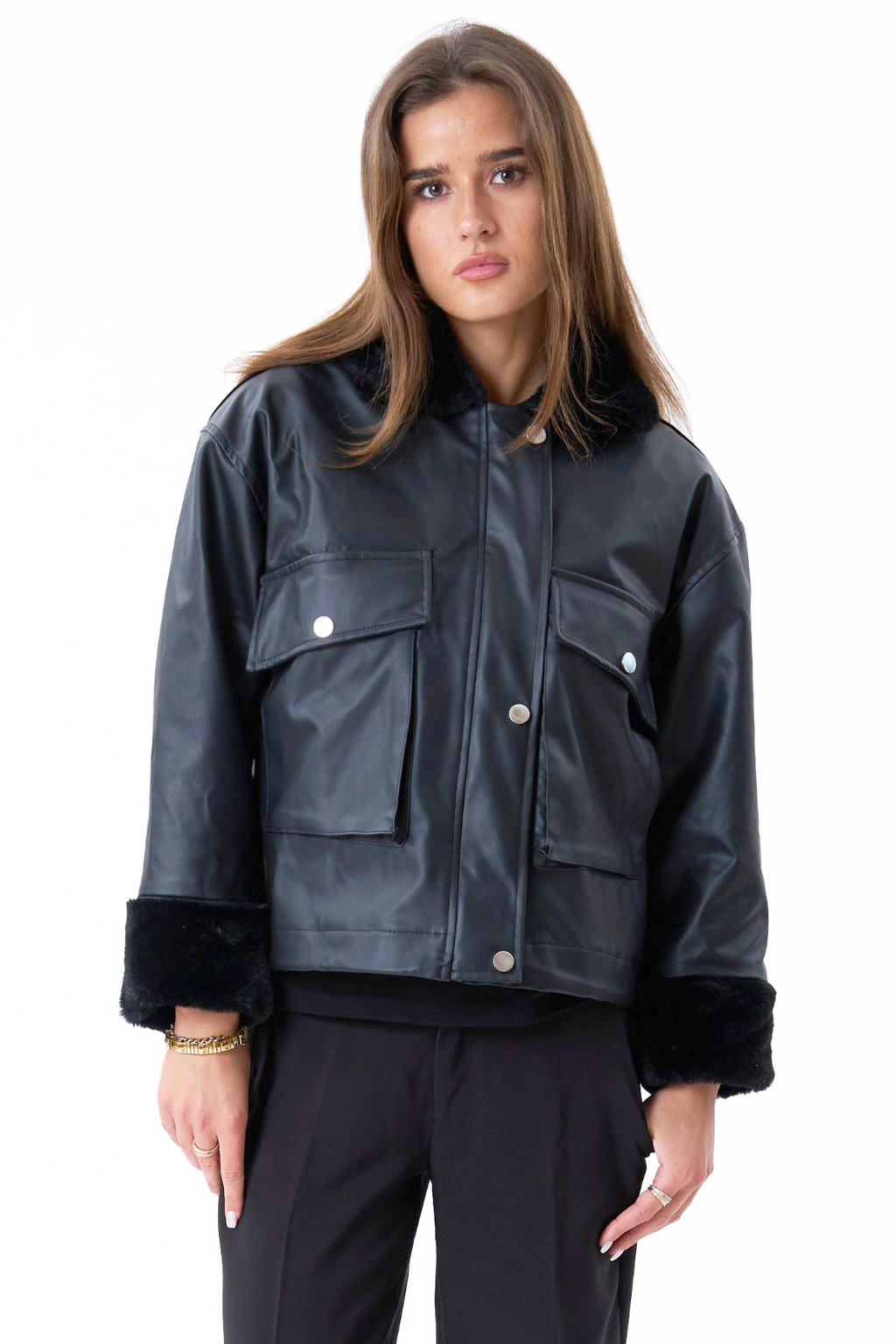 Faux Leder -Schearling -Jacke - Schwarz