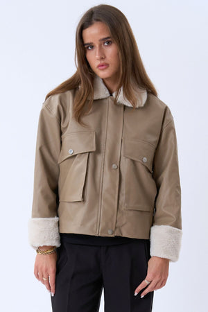 Faux Leder -Scherlingjacke - Beige