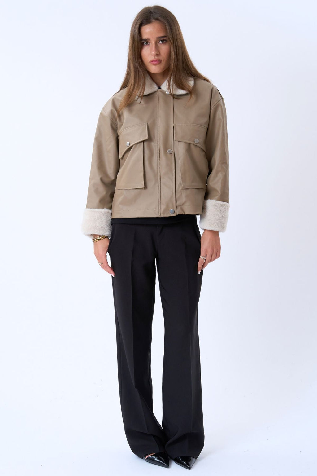 Faux Leder -Scherlingjacke - Beige