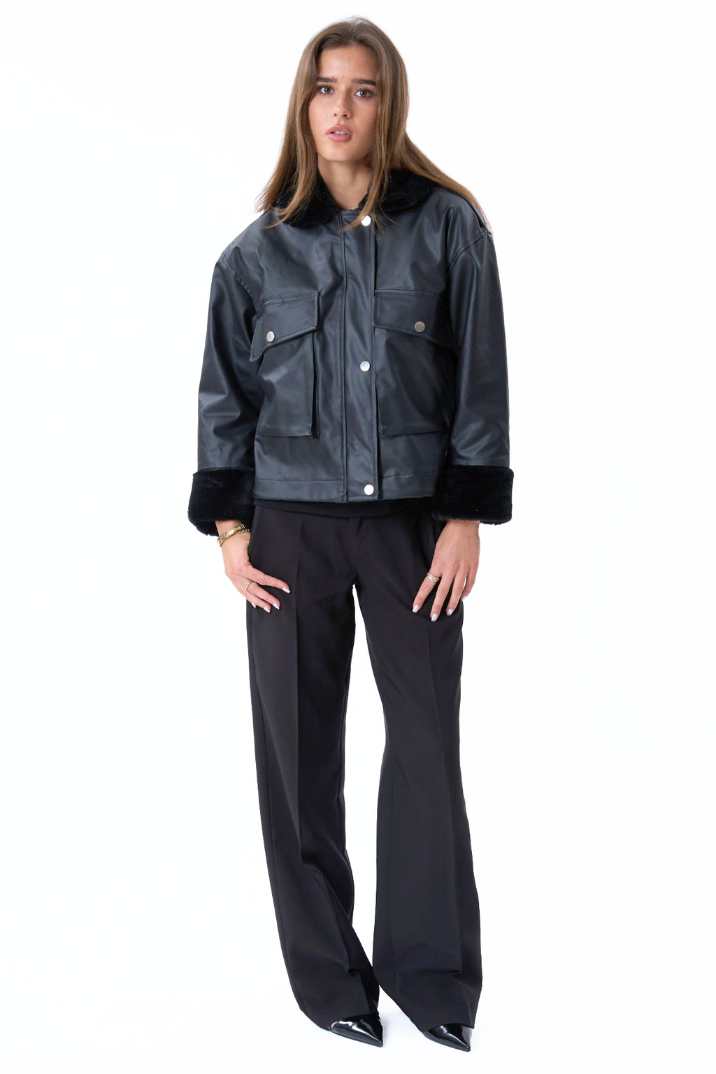Faux Leder -Schearling -Jacke - Schwarz