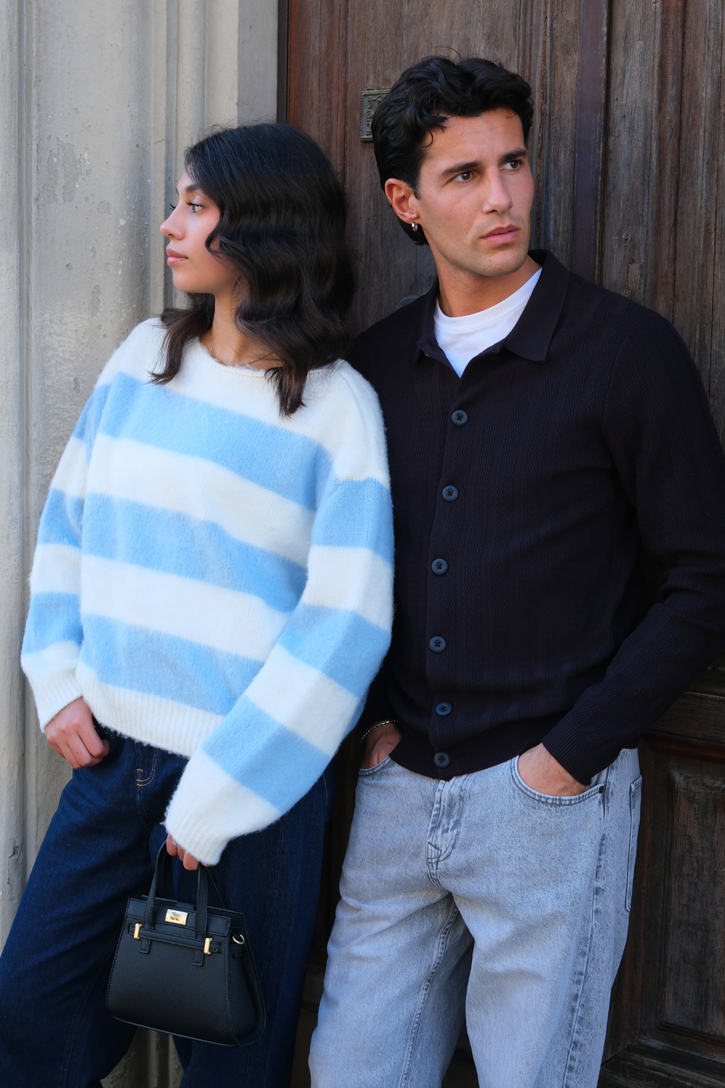 Celina gestreifte Strickpullover - Weiß/Himmelblau