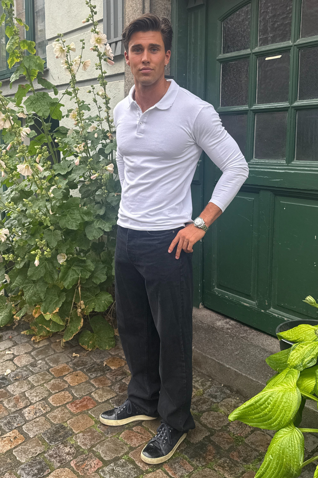 Muscle Langarm -Polo -Hemd - Weiß