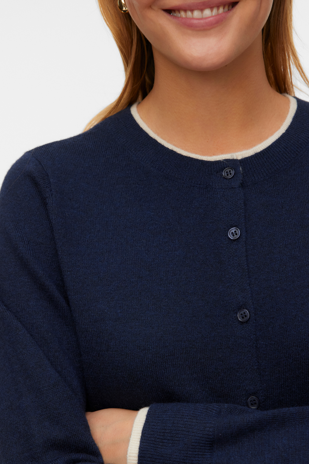 Wundervoller Cardigan mit O-Ausschnitt – Marineblauer Blazer m. Birke