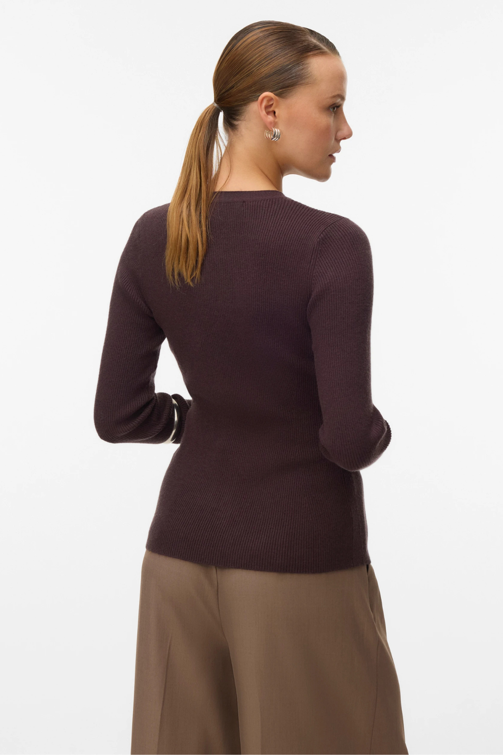 Ukino O -Neck Strick -Strickjacke - Schokoladenpflaume