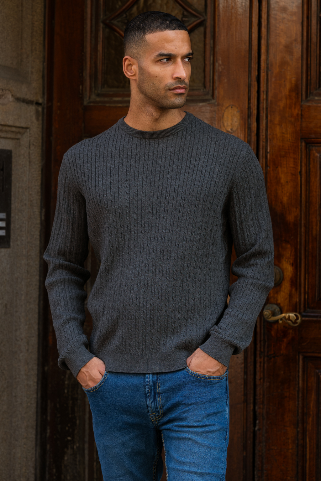Pullover -Kabel -Strick - Holzkohle Melange