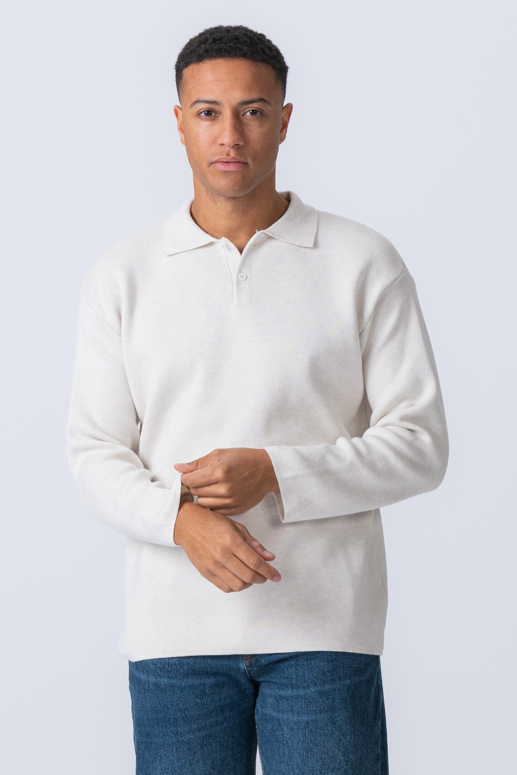 Gestricktes Langarm Polo - Weiß