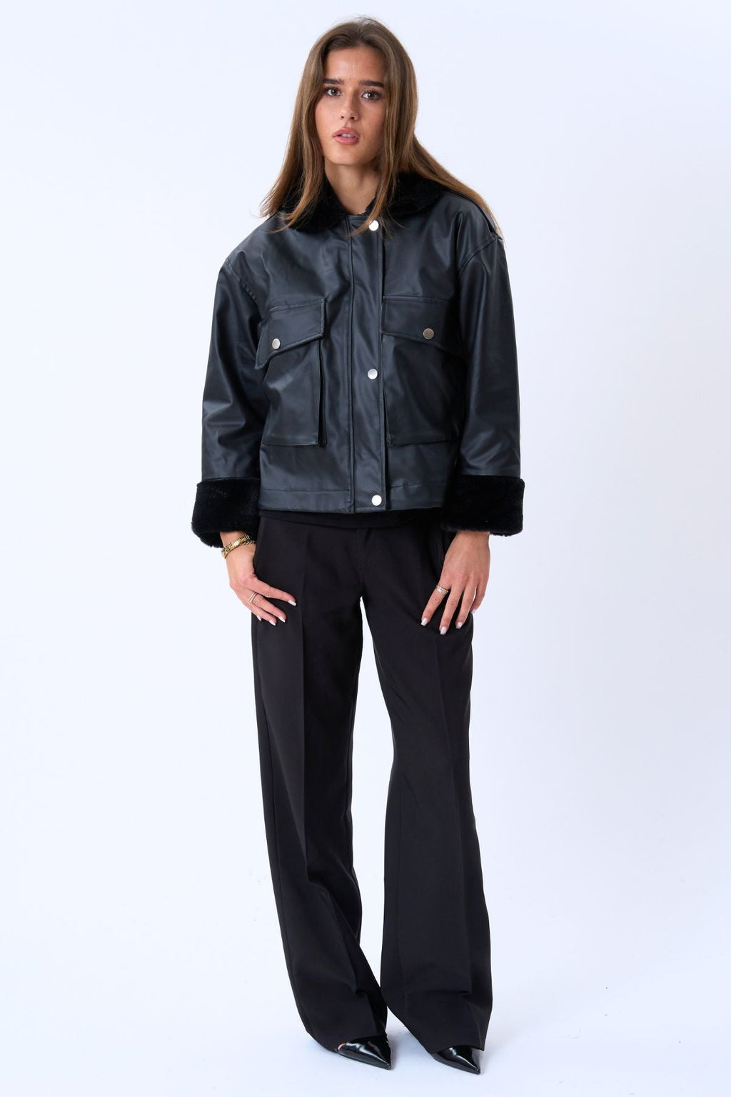 Faux Leder -Schearling -Jacke - Schwarz