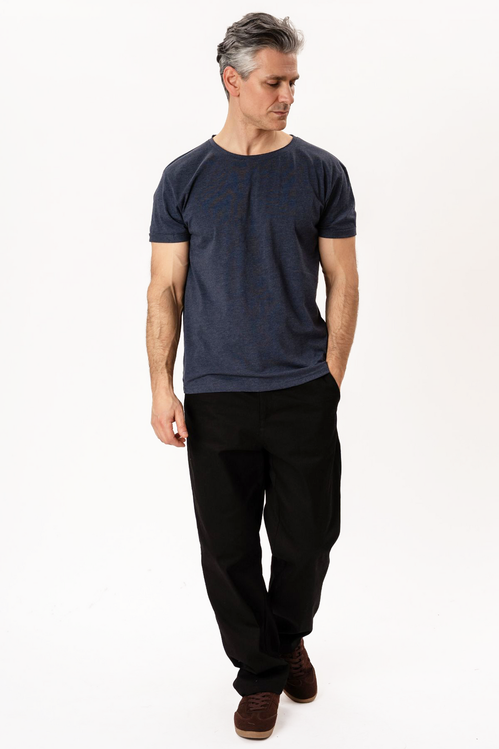 T-Shirt mit tiefem Ausschnitt – Blau meliert