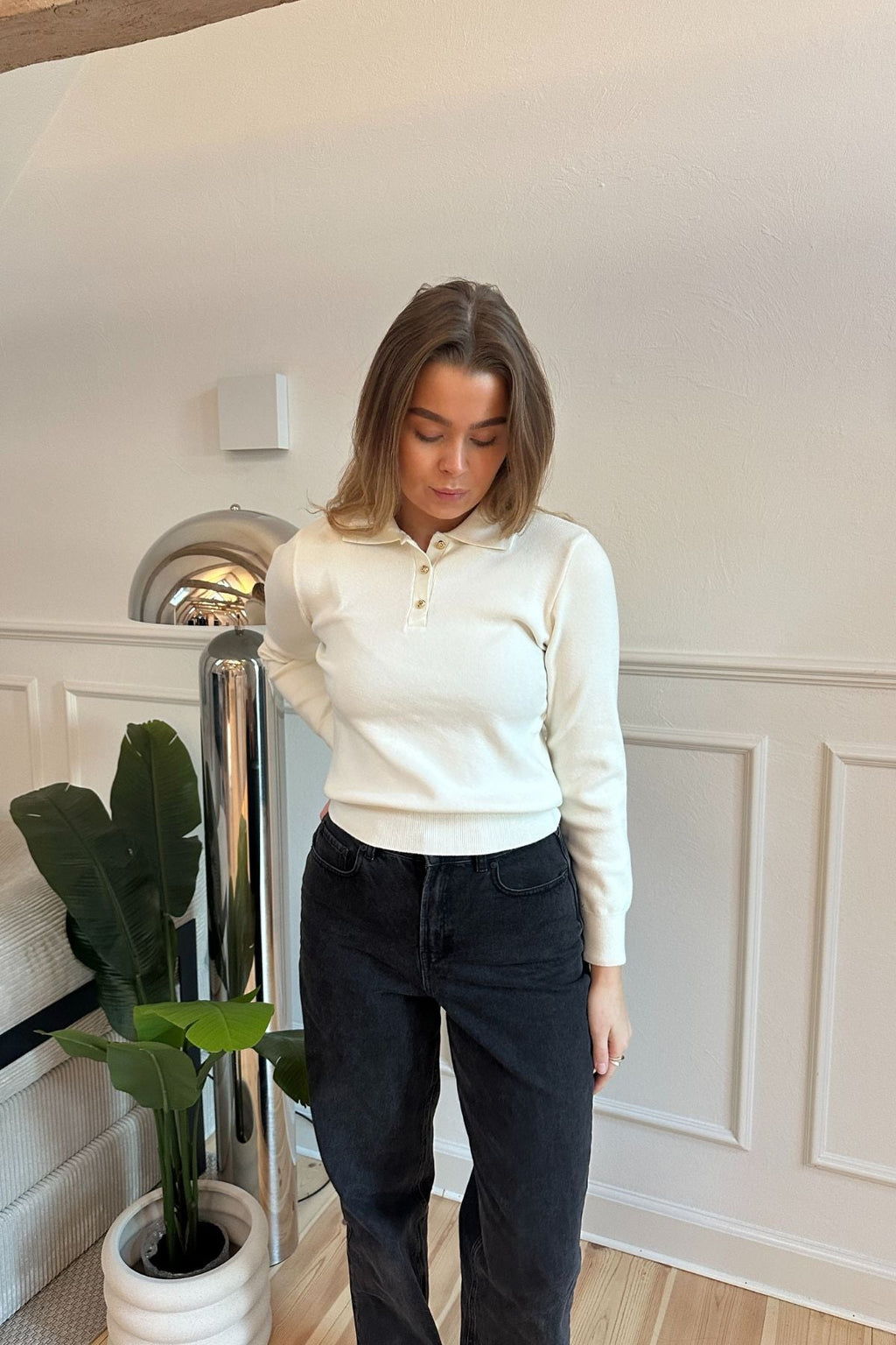 Langärmliges Poloshirt – Ecru