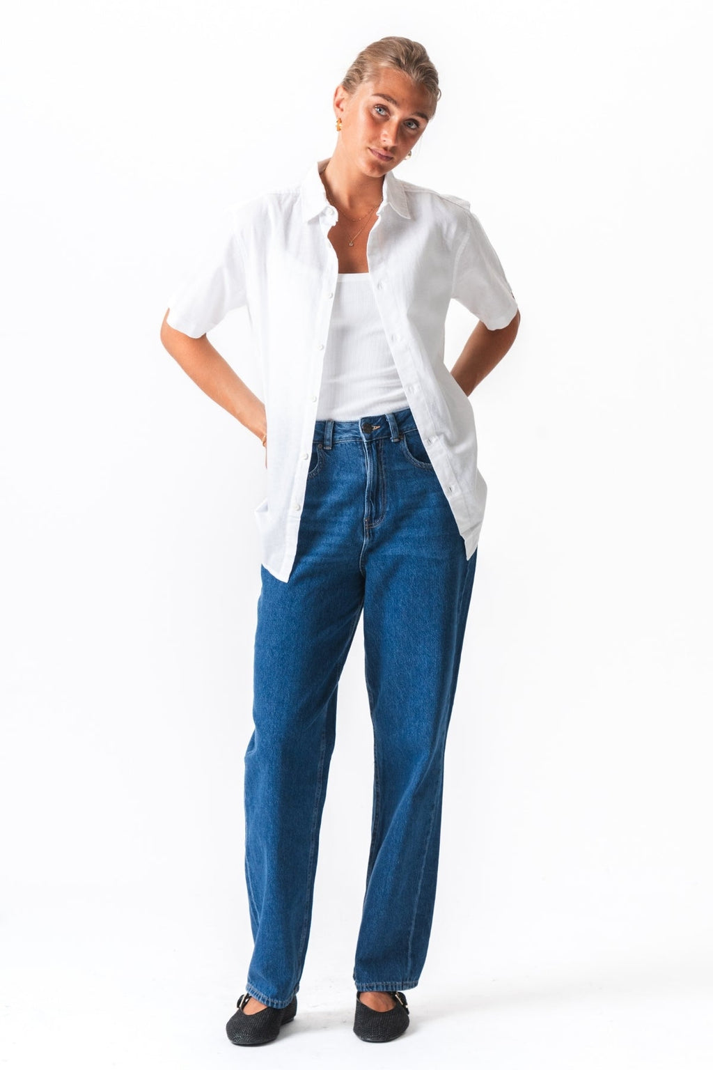 Kurzarm -Leinenhemd - Weiß