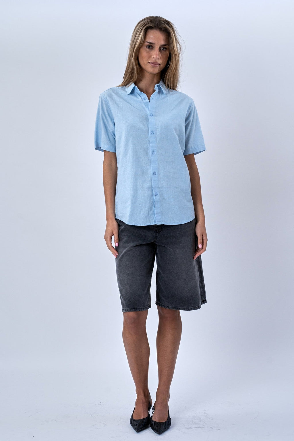 Kurzarm -Leinenhemd - hellblau