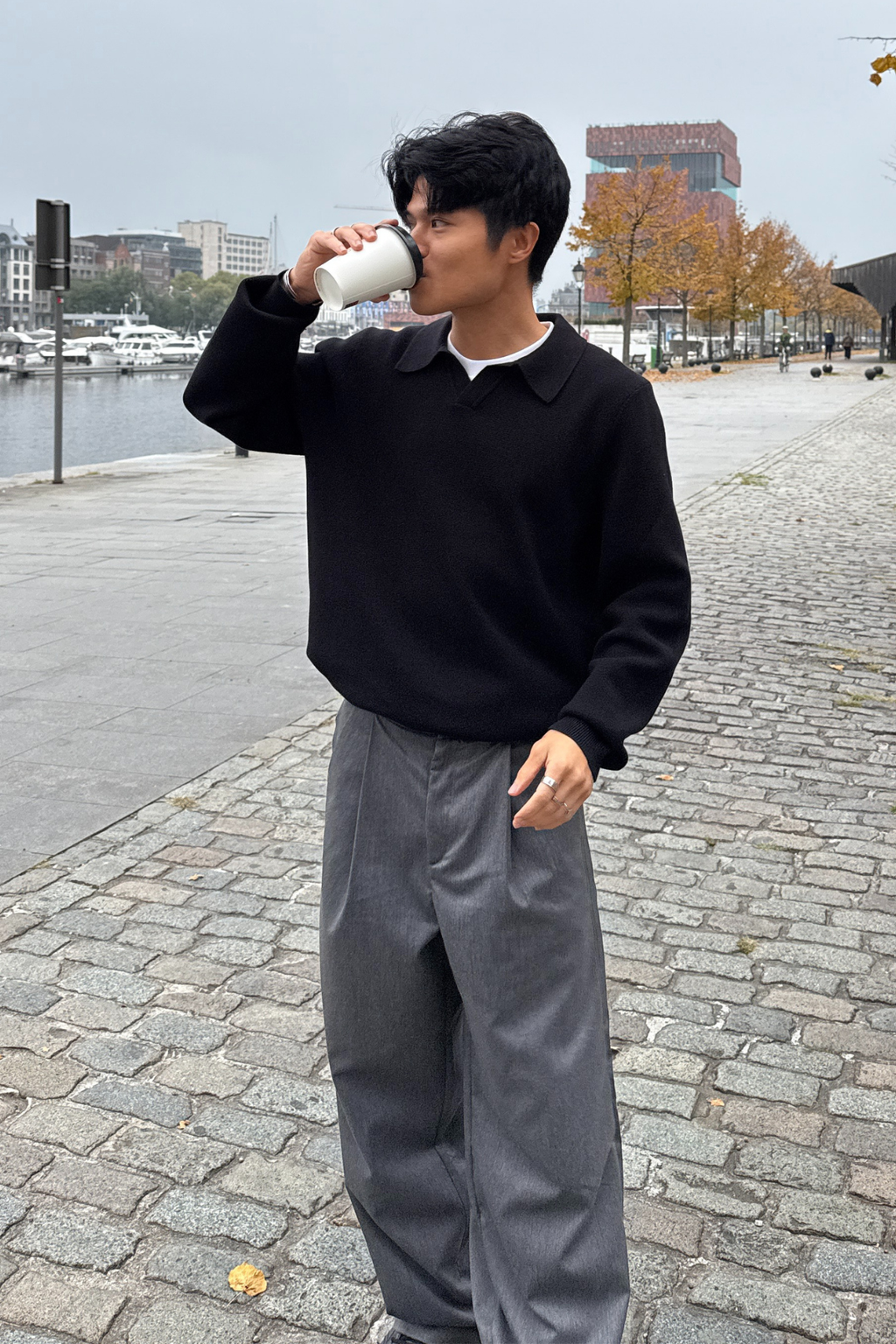 Gestricktes Langarm Polo - Schwarz