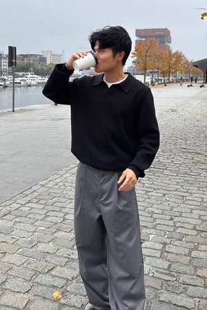 Gestricktes Langarm Polo - Schwarz