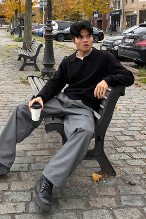 Gestricktes Langarm Polo - Schwarz