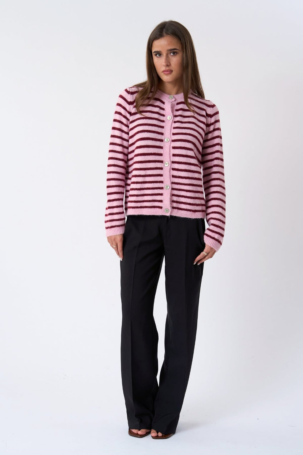 Gestreifter Crizette-Strick-Cardigan – Rosa/Burgund