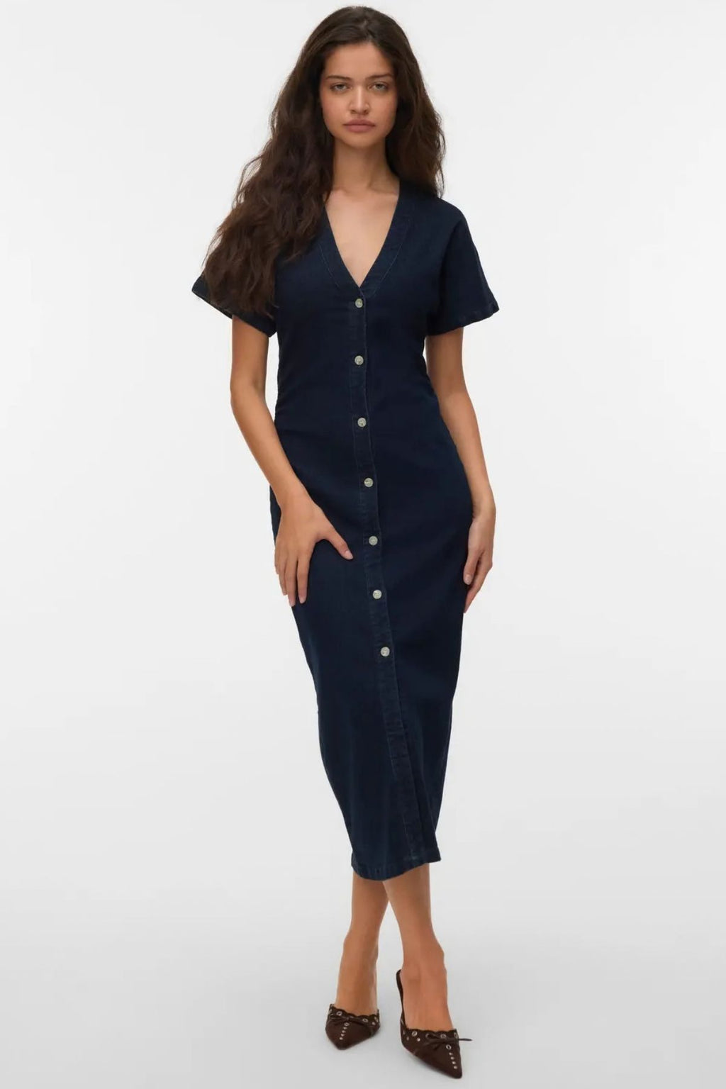 Sanni Kleid mit V-Ausschnitt – Dunkelblauer Denim