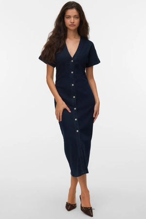 Sanni Kleid mit V-Ausschnitt – Dunkelblauer Denim