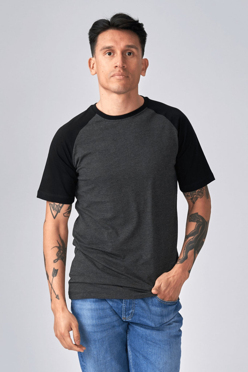 Basic Raglan T-Shirt-Schwarz-Dunkelgrau