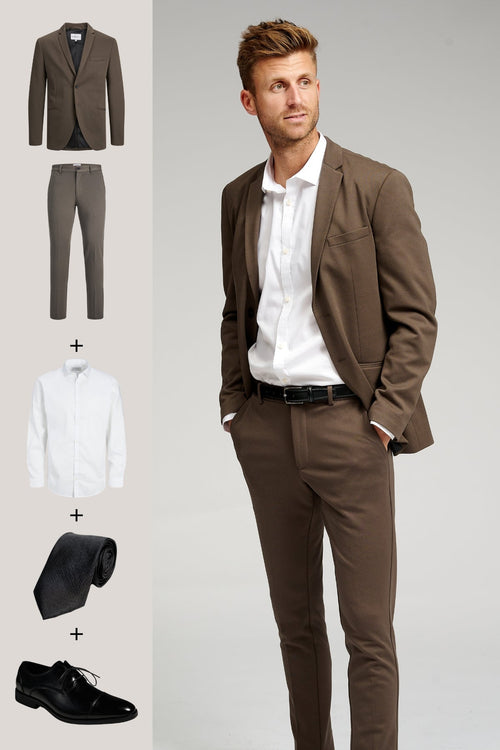 The Original Performance Suit (Dark Brown) + Shirt, Tie & Derby Shoes - Package Deal - TeeShoppen Group™