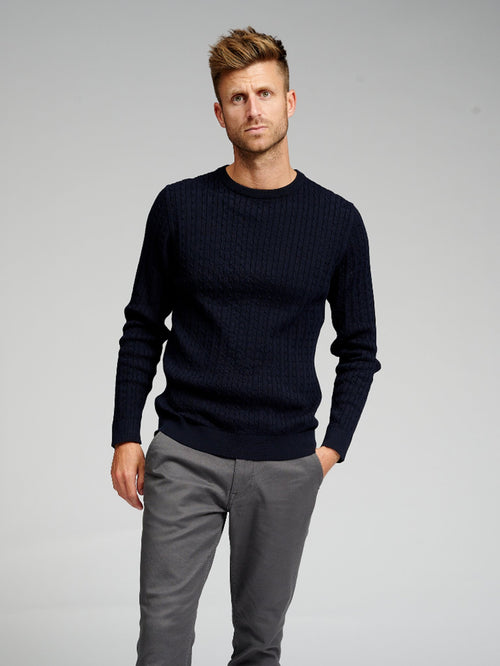 Cable Knit Crewneck - Navy - TeeShoppen Group™ - Knitwear - TeeShoppen