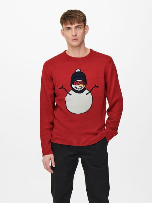 Snowman Christmas knit - Red - TeeShoppen Group™ - Knitwear - Only & Sons